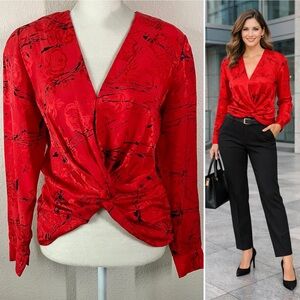 FLORA KUNG Silk Wrap Blouse Red Abstract Floral Vintage 80s Power Top Art Print